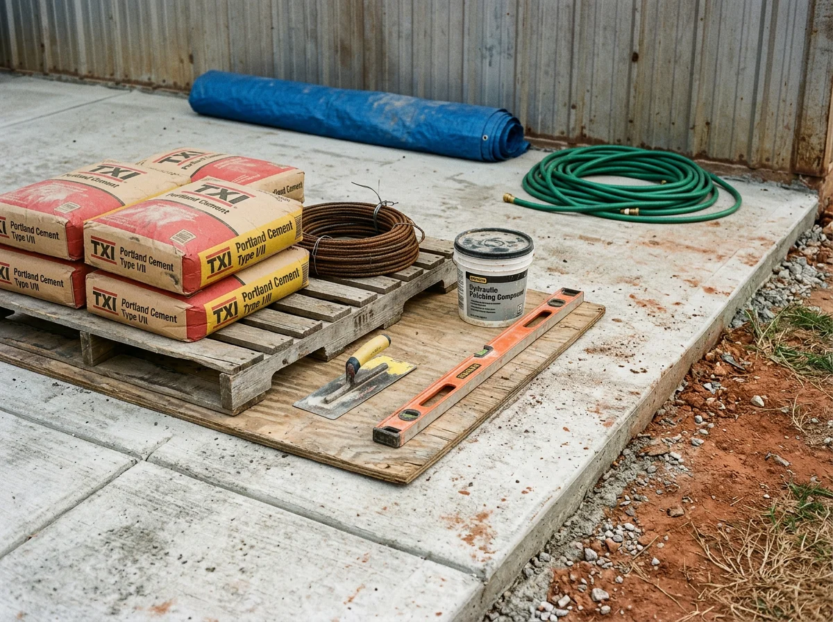 Concrete and masonry work area with tools and materials arranged for a foundation and concrete repair job. The scene shows no people.