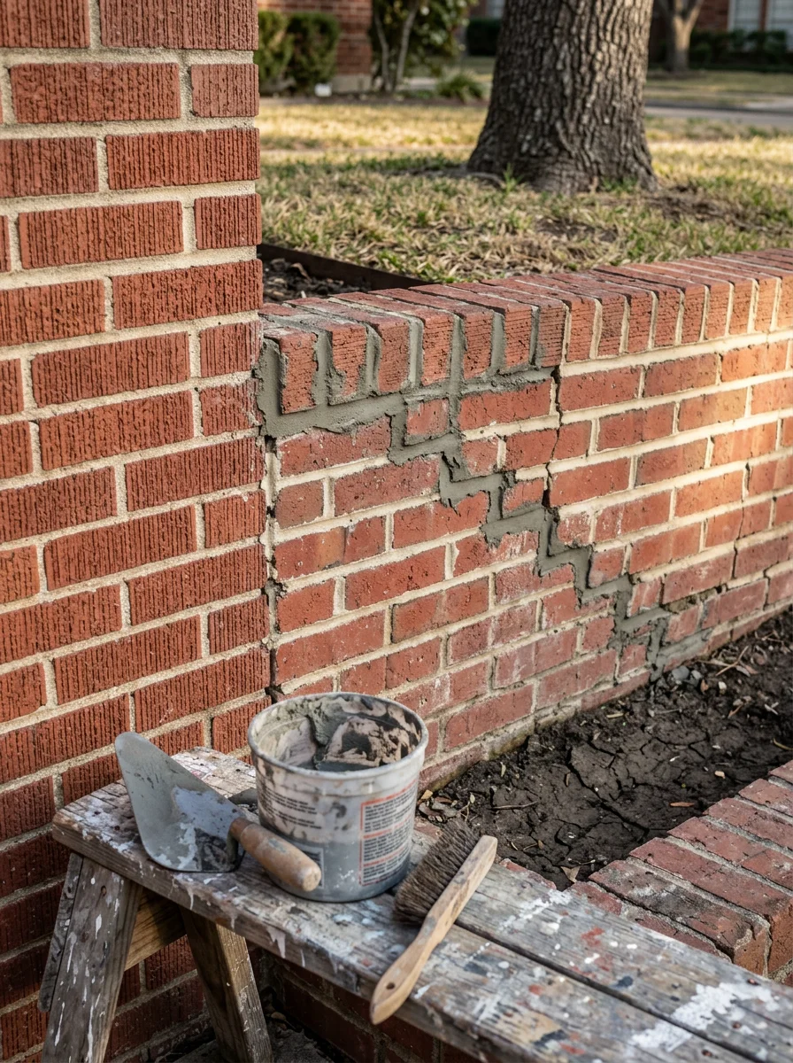 Close-up of masonry repair work on a Dallas home, showing fresh mortar applied to stair-step brick cracks caused by foundation movement from Blackland Prairie clay soil.