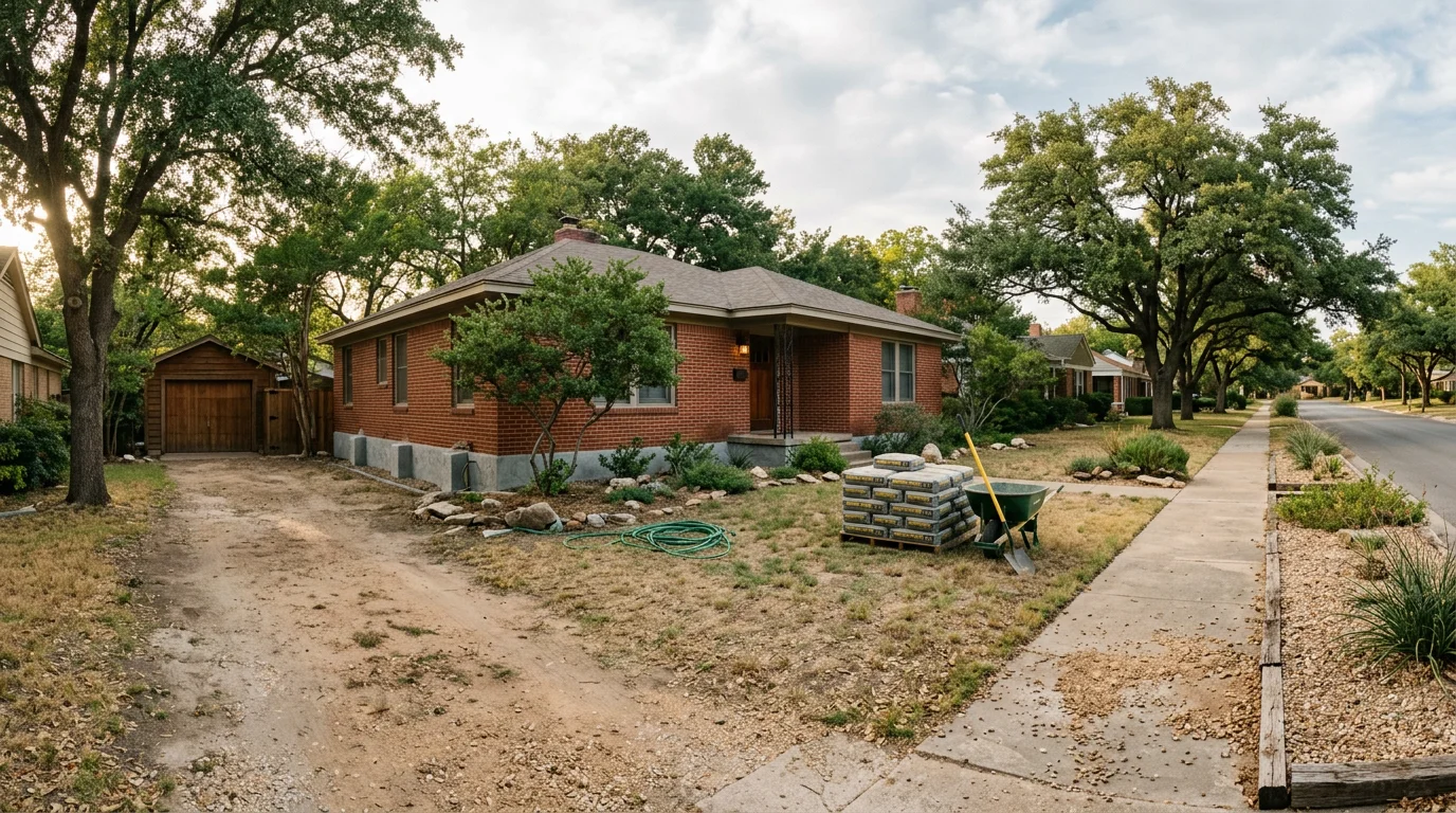 A concrete slab foundation being repaired in a Fort Worth residential neighborhood, with pressed concrete piers visible along the perimeter of a 1940s brick home.
